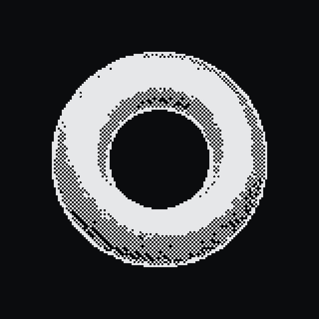 A dithered ring, lit from the top left.